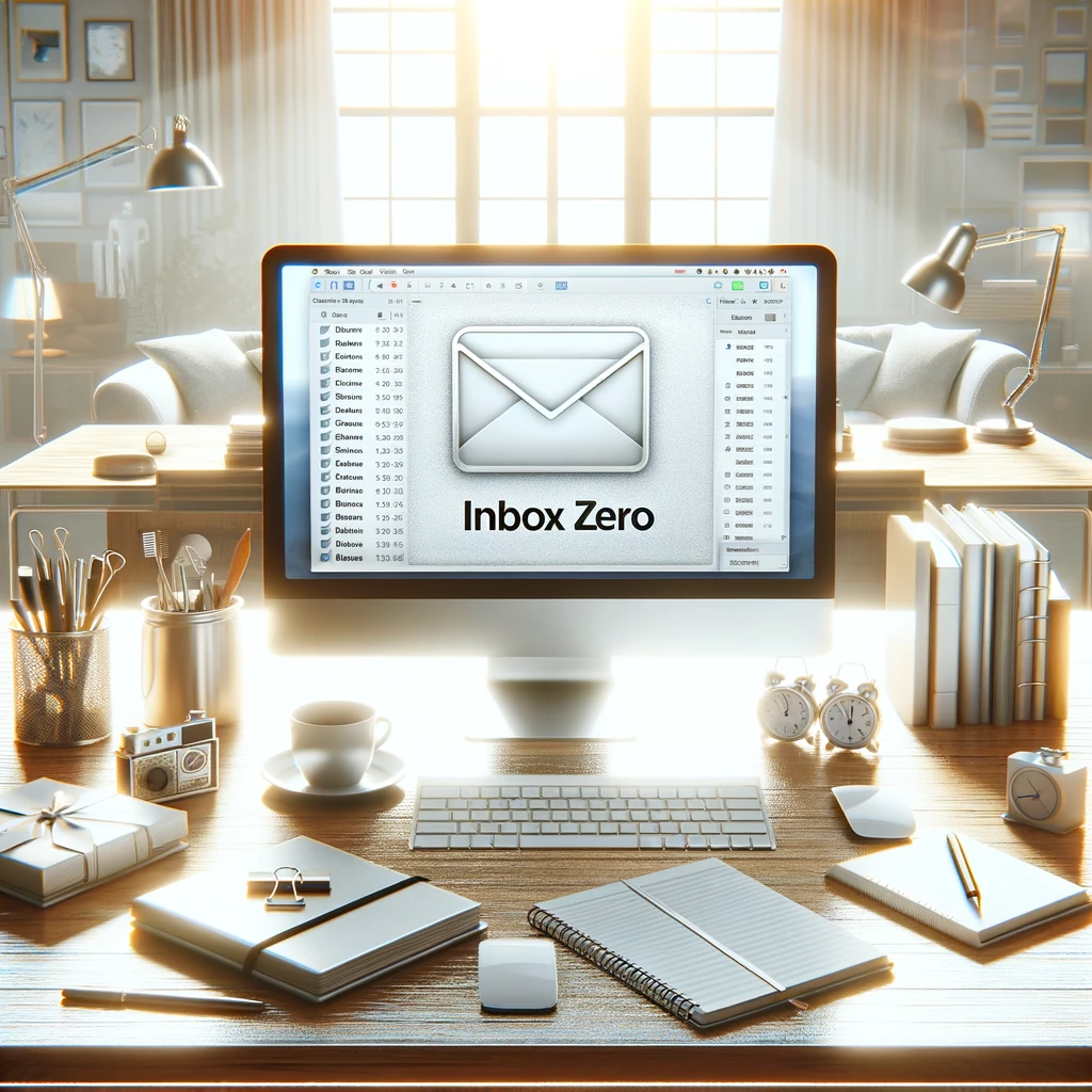 immagine che rappresenta il concetto di "Inbox Zero". Presenta una scrivania pulita e organizzata in un ufficio moderno, con un computer che mostra una casella di posta vuota.
