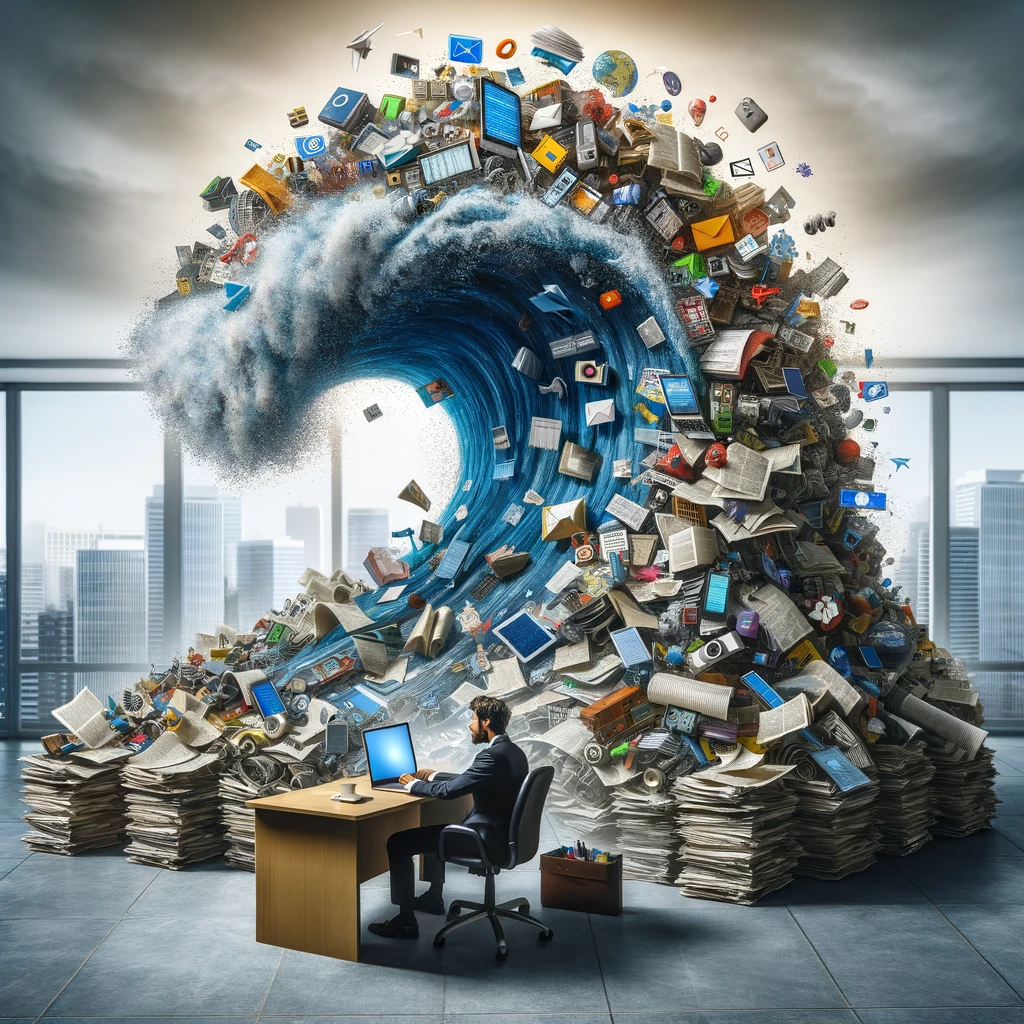 Ecco un'immagine che rappresenta il concetto di "Information Overload". Mostra una persona seduta alla scrivania, sopraffatta da un'enorme onda composta di vari elementi mediatici, simboleggiando la quantità schiacciante di informazioni.