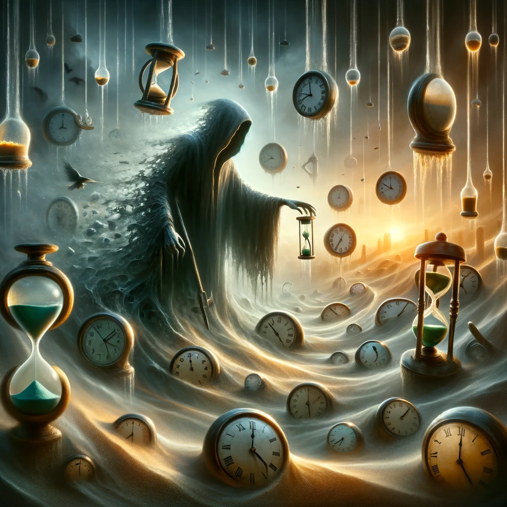 artistic representation of the concept of a 'Time Thief', capturing the elusive and mysterious nature of time.
