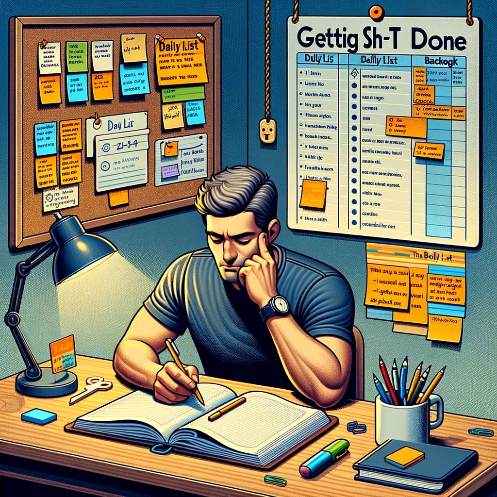 immagine che rappresenta il metodo di produttività Getting Sh-t Done (GSD), che cattura l'essenza della produttività personale e dell'organizzazione.