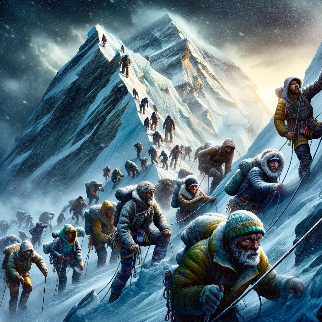 Un gruppo di alpinisti che scalano il Monte Everest in condizioni difficili, simboleggiando la ricerca di obiettivi pericolosi e irraggiungibili.