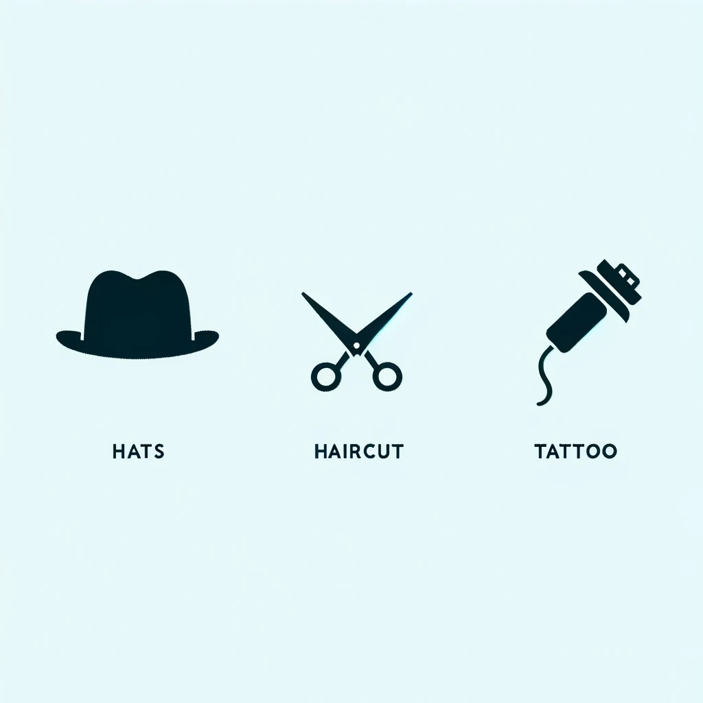 immagine minimalista che rappresenta le tre metafore sulle decisioni descritte da James Clear: i cappelli, i tagli di capelli e i tatuaggi. Ogni sezione dell'immagine simboleggia uno dei concetti, utilizzando un design semplice ed efficace.