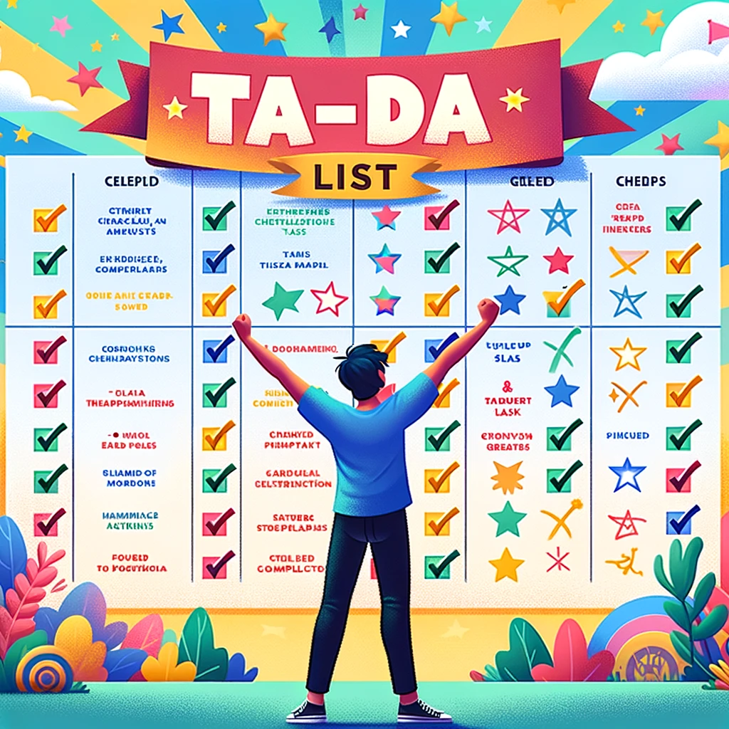 Illustra il concetto di una lista-Ta-Da che mostra una persona che si trova di fronte a una grande lavagna colorata piena di segni di spunta e stelle e completata.