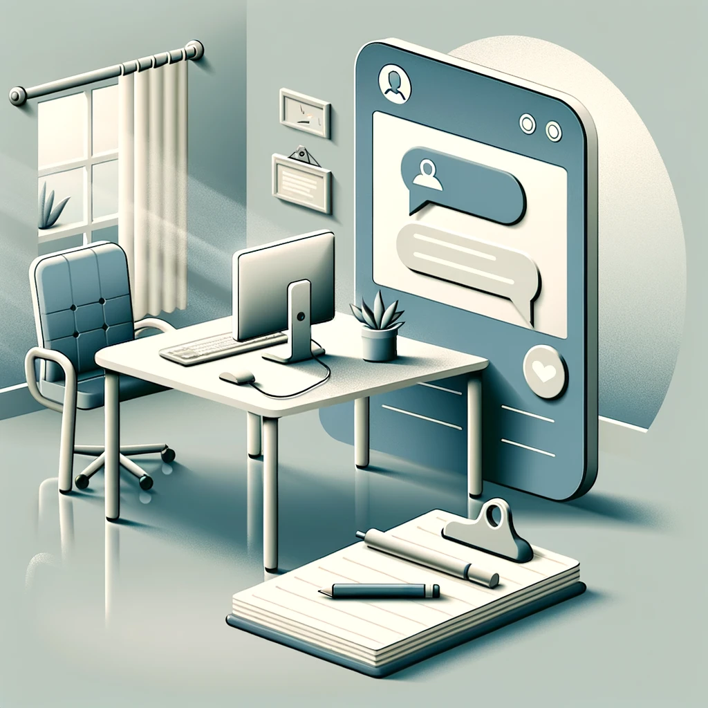 un'illustrazione digitale minimalista che rappresenta il concetto di gestione degli input della chat come se qualcuno entrasse in un ufficio e cominciasse a parlare
