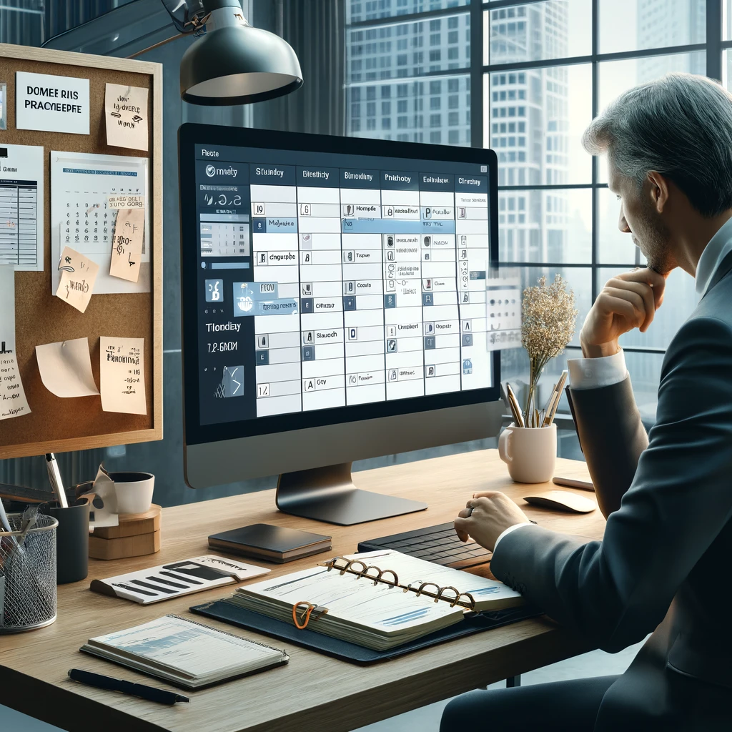 Un moderno spazio di lavoro digitale con una persona che gestisce il proprio tempo in modo efficace utilizzando un calendario digitale sullo schermo del computer.